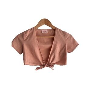 Linen Blend Tie Front Crop Top Coral Short Sleeve V Neck Summer Women's